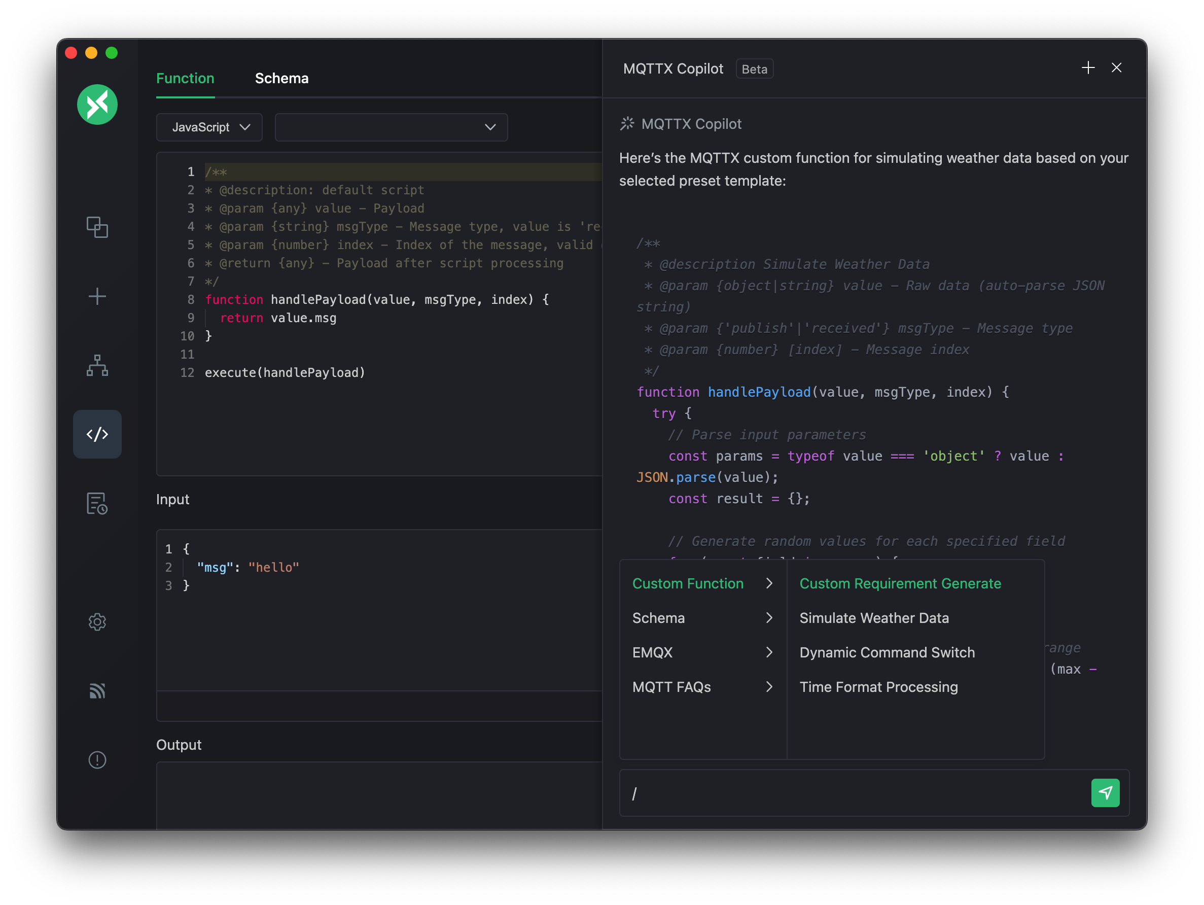 MQTTX Copilot Script Function Generation